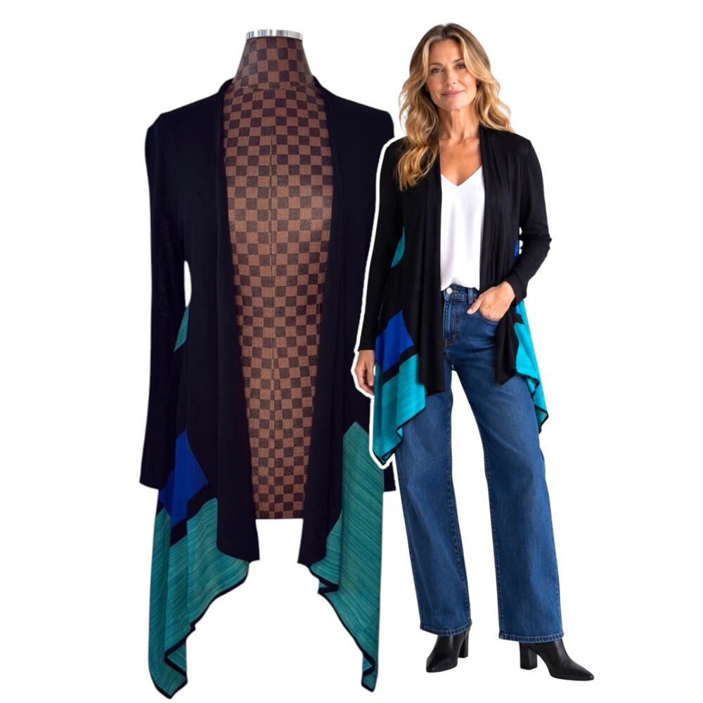 Misook Open Front Colorblock Cardigan XS Blue Teal Black Waterfall Knit Sweater